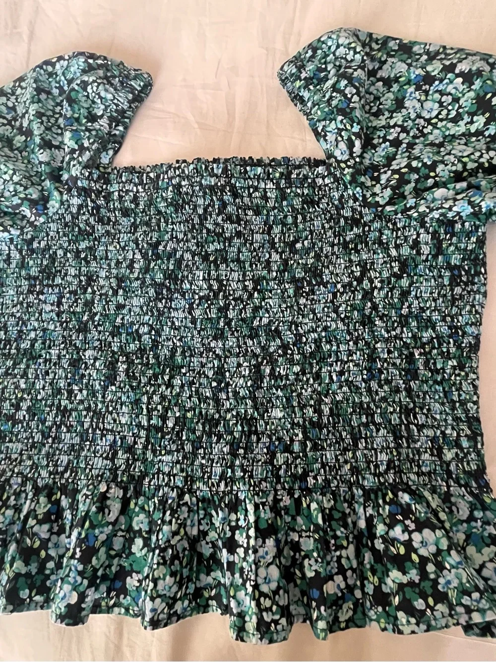 J. Crew Teal‎ and Black Smocked Square-Neck Puff Sleeve Blouse